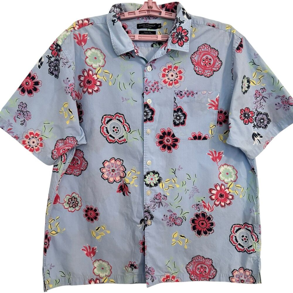Cremieux Hawaiian Shirt Men XL Blue Floral Cotton Short Sleeve Button-Down Coast